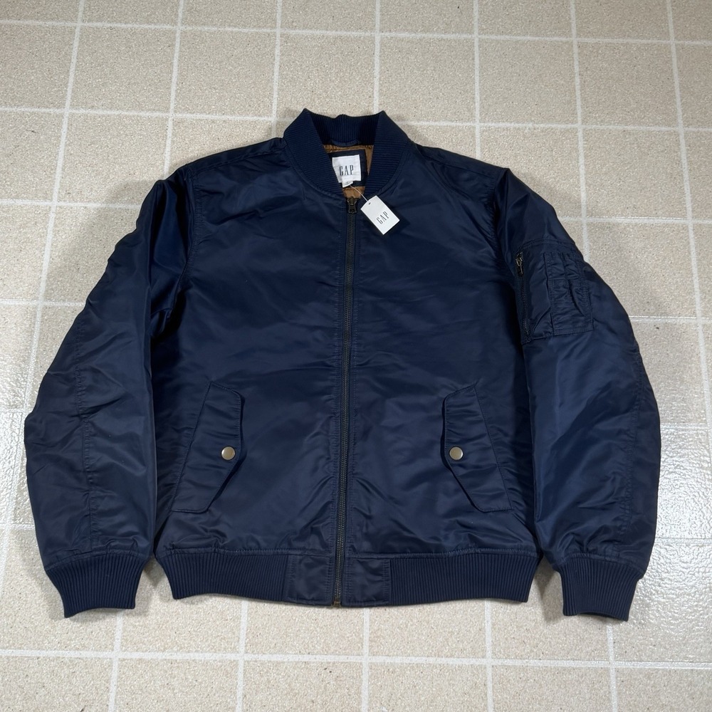 GAP Men's Navy Blue Nylon Bomber Flight Jacket Yellow Lining Med NEW
